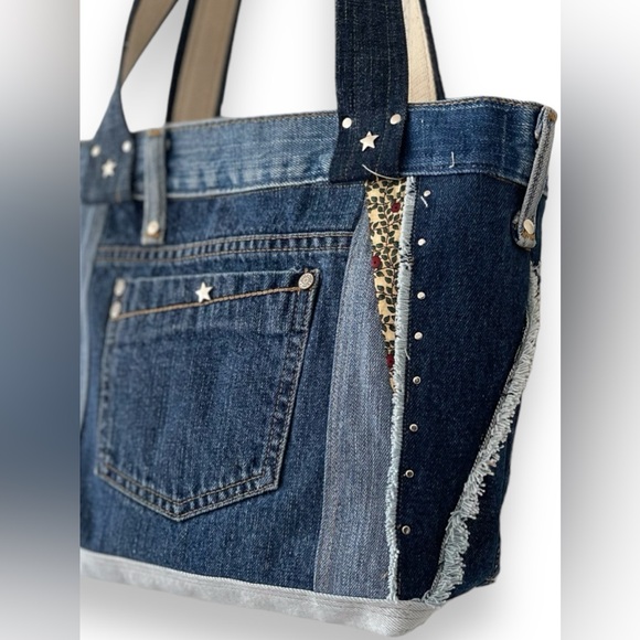 Denim patchwork shoulder bag upcycled jeans boho bag - Picture 8 of 16